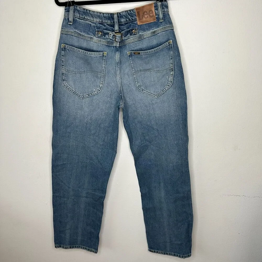 NWT Lee Vintage Medium Blue Wash High Rise Relaxed Stovepipe Distressed Jeans 28